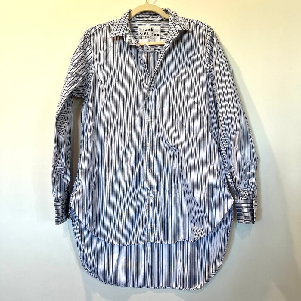 Frank & Eileen Grayson button front shirt large 100% poplin cotton blue stripe